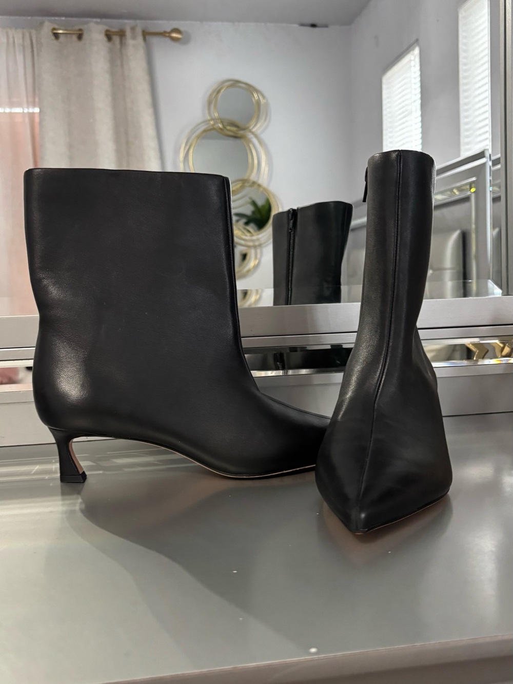 ANTONIO MELANI Black Pointed Toe Mid-Kitten Heel Ankle Boots
